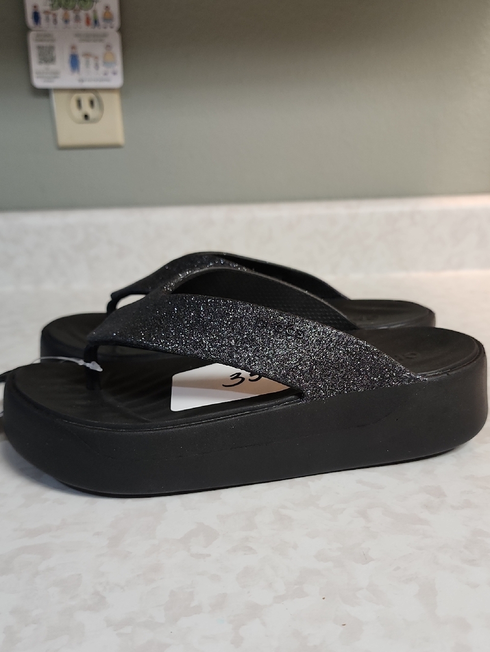 CROCS Black Glitter Platform Flip Sandals